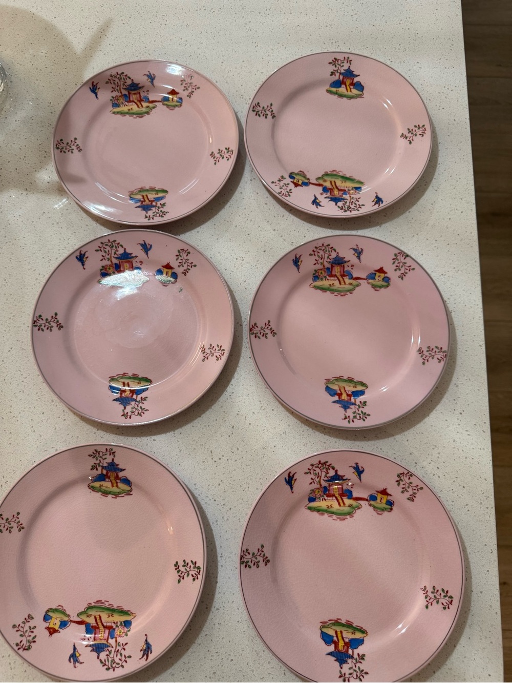 Vintage Japanese Decorative 7” Pink Pagoda Chinoiserie Porcelain 6 Plates